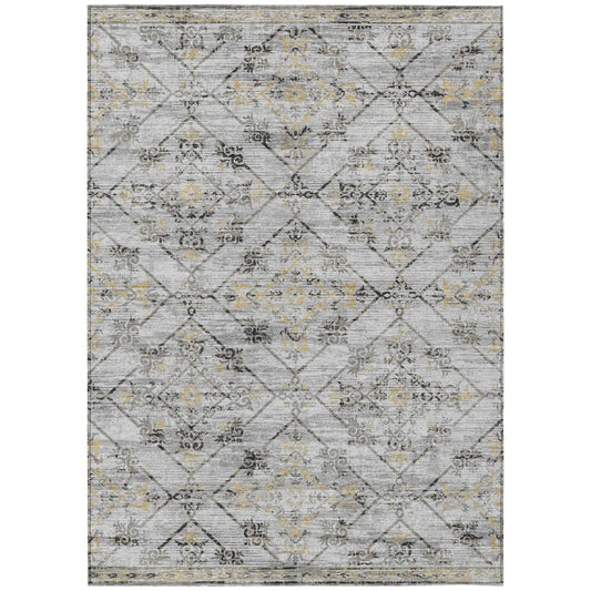 5' X 8' Silver And Ivory Geometric Washable Indoor Outdoor Area Rug