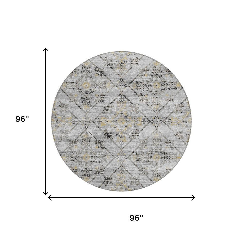 8' Silver And Ivory Round Geometric Washable Indoor Outdoor Area Rug