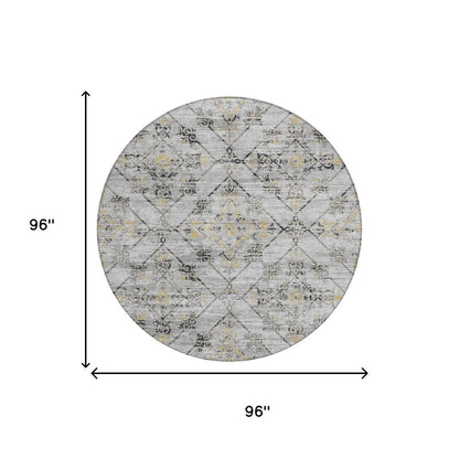 8' Silver And Ivory Round Geometric Washable Indoor Outdoor Area Rug HomeRoots