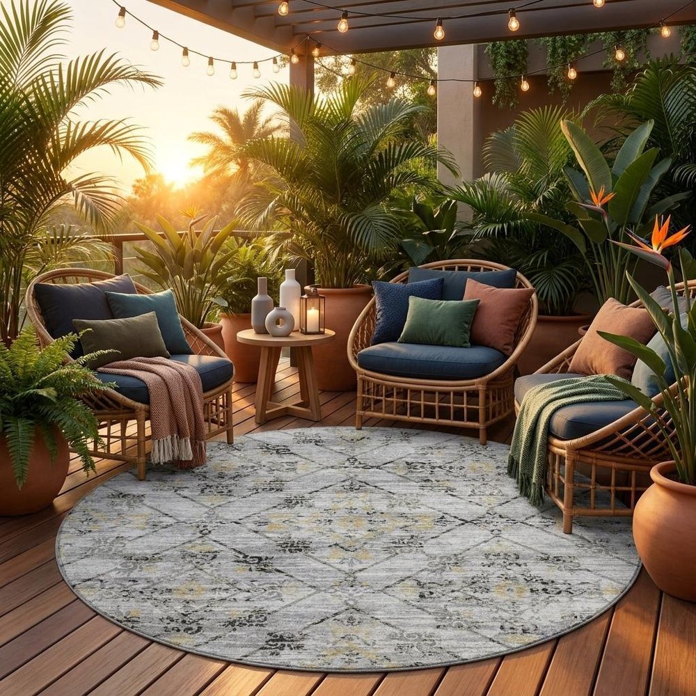 8' Silver And Ivory Round Geometric Washable Indoor Outdoor Area Rug