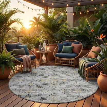 8' Silver And Ivory Round Geometric Washable Indoor Outdoor Area Rug