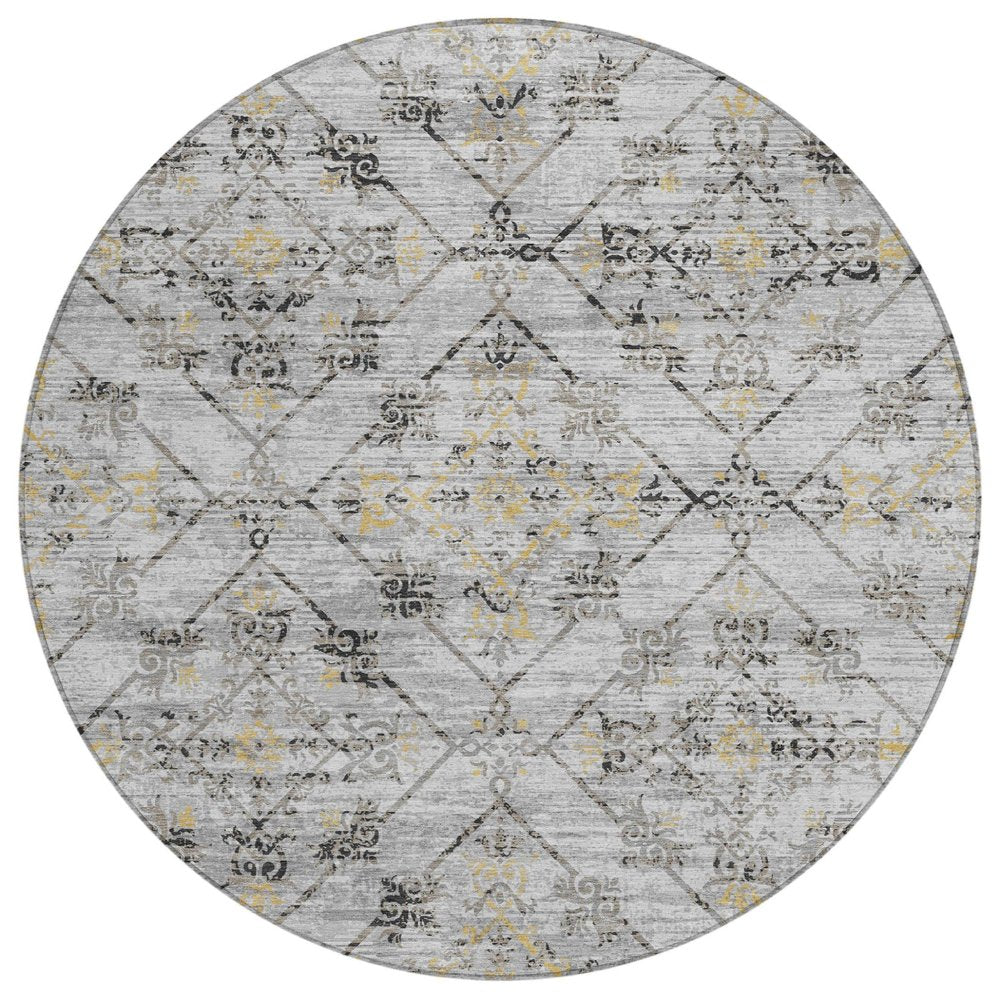 8' Silver And Ivory Round Geometric Washable Indoor Outdoor Area Rug HomeRoots