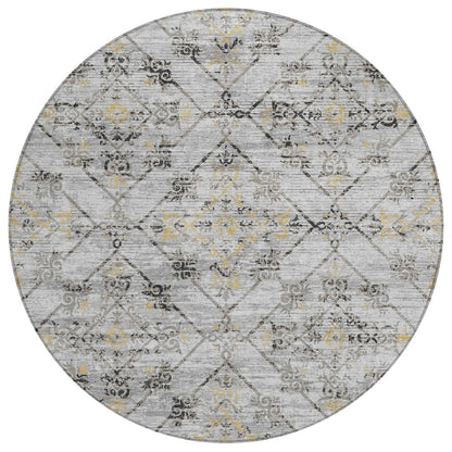 8' Silver And Ivory Round Geometric Washable Indoor Outdoor Area Rug HomeRoots