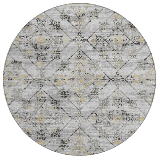 8' Silver And Ivory Round Geometric Washable Indoor Outdoor Area Rug
