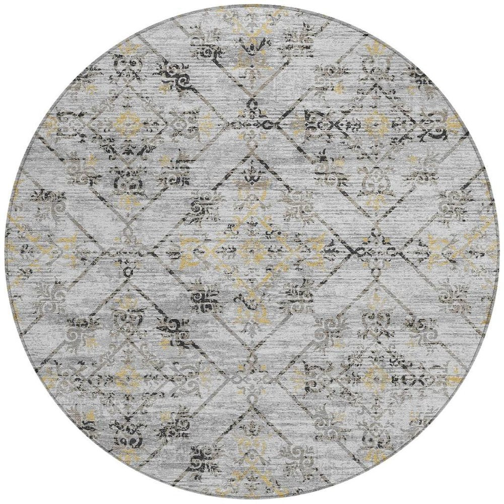 8' Silver And Ivory Round Geometric Washable Indoor Outdoor Area Rug — view 4