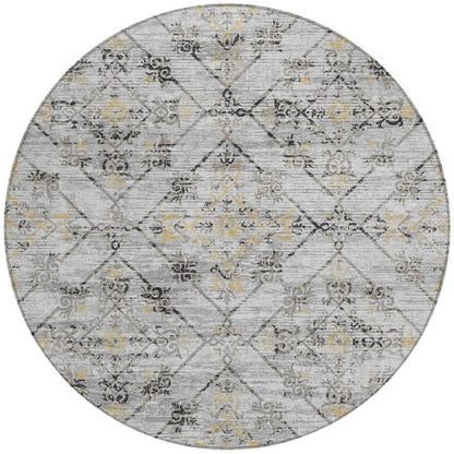 8' Silver And Ivory Round Geometric Washable Indoor Outdoor Area Rug HomeRoots