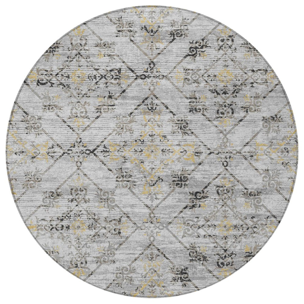 8' Silver And Ivory Round Geometric Washable Indoor Outdoor Area Rug HomeRoots
