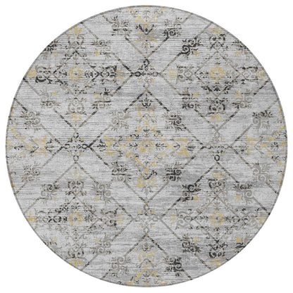 8' Silver And Ivory Round Geometric Washable Indoor Outdoor Area Rug HomeRoots
