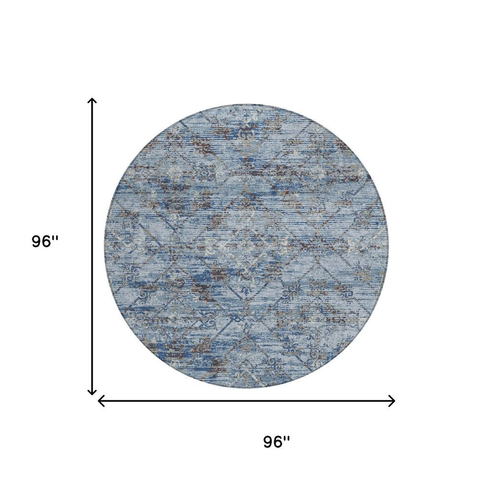 8' Sky Blue And Ivory Round Geometric Washable Indoor Outdoor Area Rug HomeRoots