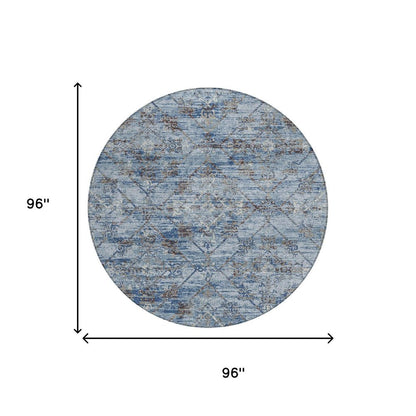8' Sky Blue And Ivory Round Geometric Washable Indoor Outdoor Area Rug HomeRoots