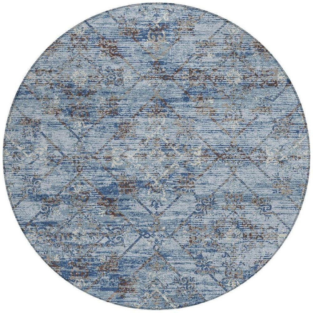 8' Sky Blue And Ivory Round Geometric Washable Indoor Outdoor Area Rug HomeRoots