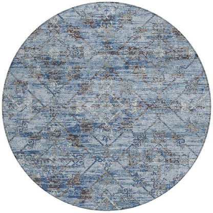 8' Sky Blue And Ivory Round Geometric Washable Indoor Outdoor Area Rug HomeRoots