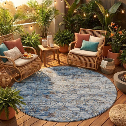 8' Sky Blue And Ivory Round Geometric Washable Indoor Outdoor Area Rug HomeRoots