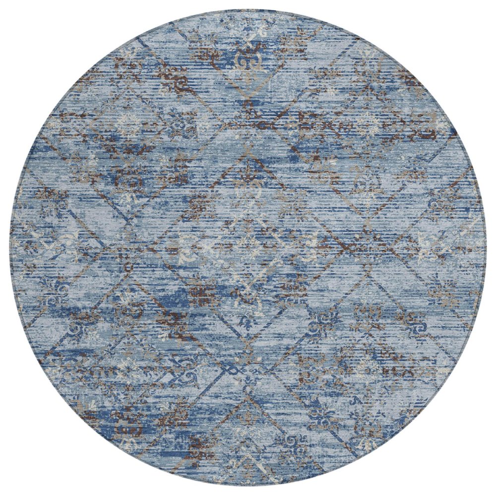 8' Sky Blue And Ivory Round Geometric Washable Indoor Outdoor Area Rug HomeRoots