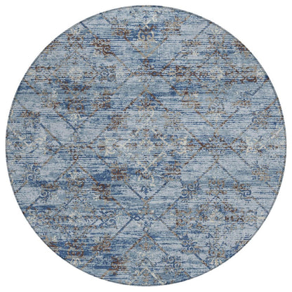 8' Sky Blue And Ivory Round Geometric Washable Indoor Outdoor Area Rug HomeRoots