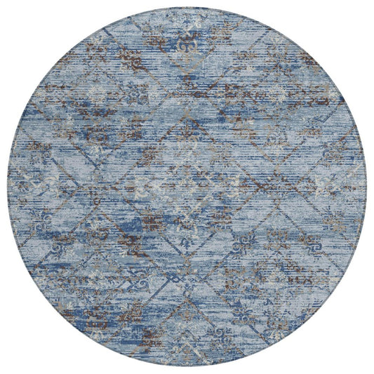 8' Sky Blue And Ivory Round Geometric Washable Indoor Outdoor Area Rug HomeRoots