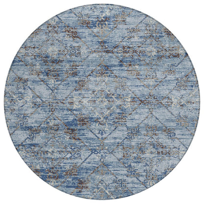 8' Sky Blue And Ivory Round Geometric Washable Indoor Outdoor Area Rug HomeRoots