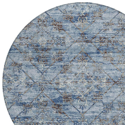 8' Sky Blue And Ivory Round Geometric Washable Indoor Outdoor Area Rug HomeRoots