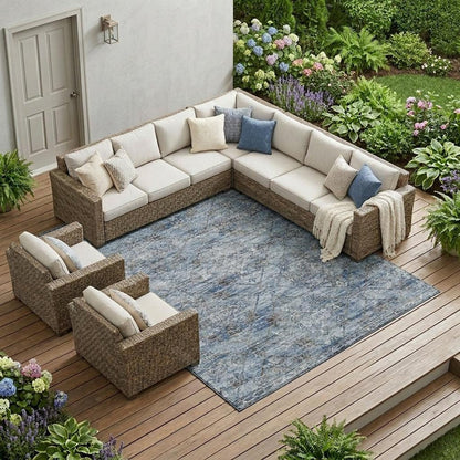 9' X 12' Sky Blue And Ivory Geometric Washable Indoor Outdoor Area Rug HomeRoots