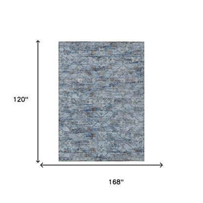 10' X 14' Sky Blue And Ivory Geometric Washable Indoor Outdoor Area Rug