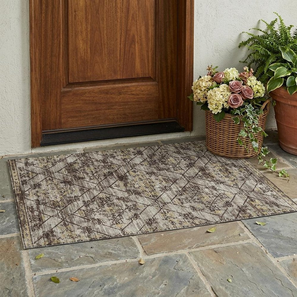 3' X 5' Taupe And Ivory Geometric Washable Indoor Outdoor Area Rug HomeRoots