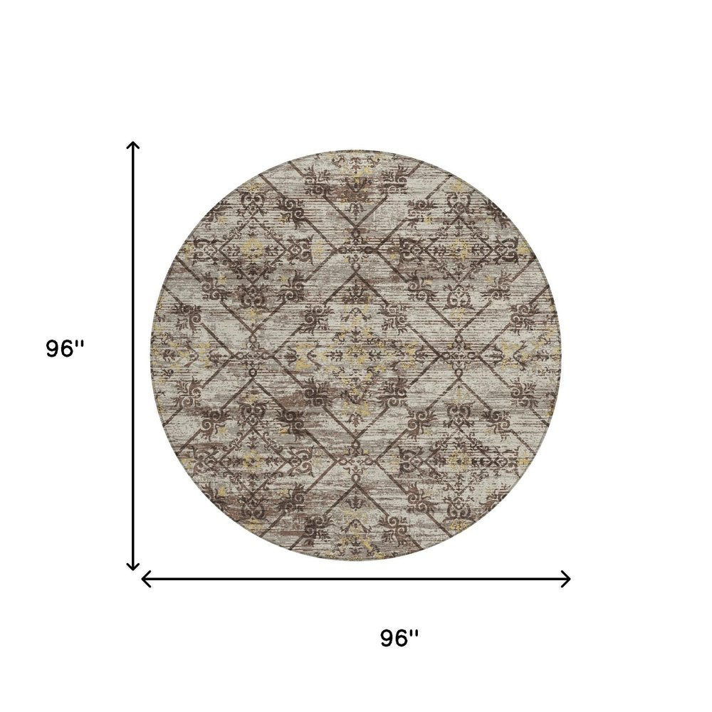 8' Taupe And Ivory Round Geometric Washable Indoor Outdoor Area Rug HomeRoots