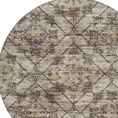 8' Taupe And Ivory Round Geometric Washable Indoor Outdoor Area Rug HomeRoots