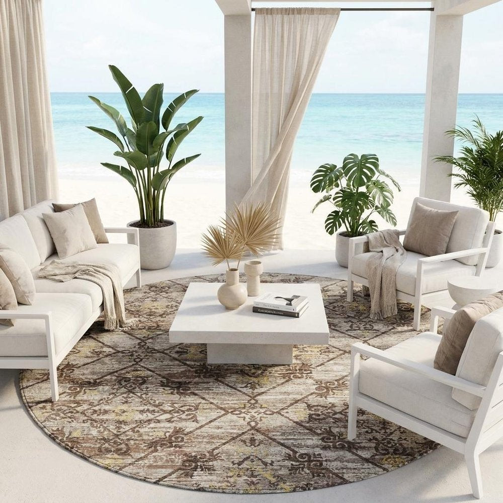 8' Taupe And Ivory Round Geometric Washable Indoor Outdoor Area Rug HomeRoots