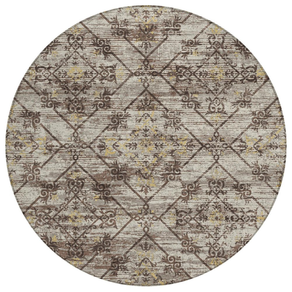 8' Taupe And Ivory Round Geometric Washable Indoor Outdoor Area Rug HomeRoots