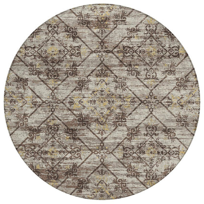 8' Taupe And Ivory Round Geometric Washable Indoor Outdoor Area Rug HomeRoots