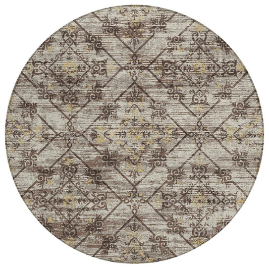 8' Taupe And Ivory Round Geometric Washable Indoor Outdoor Area Rug HomeRoots