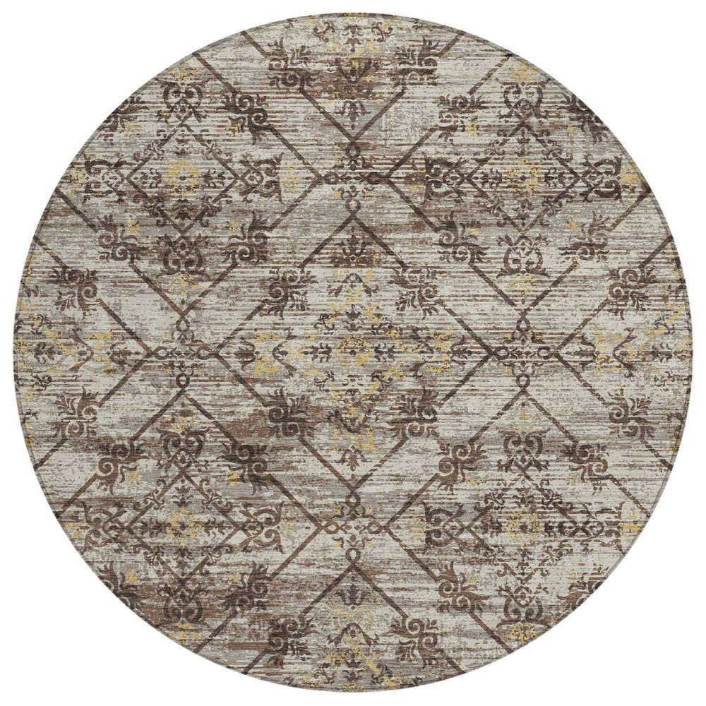 8' Taupe And Ivory Round Geometric Washable Indoor Outdoor Area Rug HomeRoots