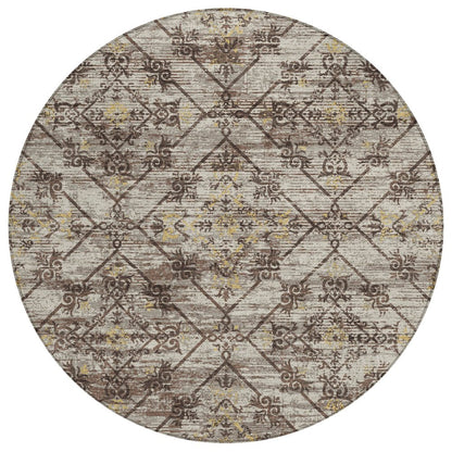 8' Taupe And Ivory Round Geometric Washable Indoor Outdoor Area Rug HomeRoots