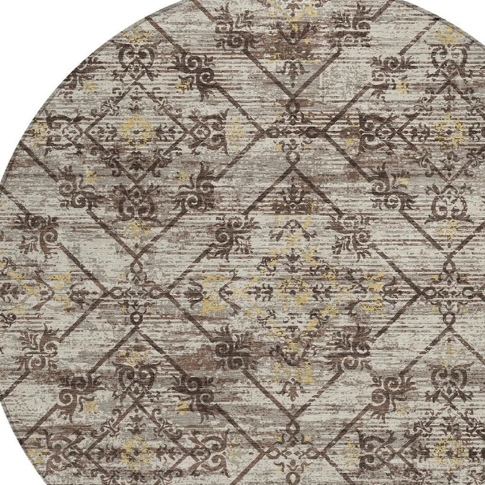 8' Taupe And Ivory Round Geometric Washable Indoor Outdoor Area Rug HomeRoots