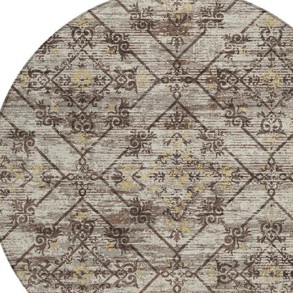 8' Taupe And Ivory Round Geometric Washable Indoor Outdoor Area Rug HomeRoots