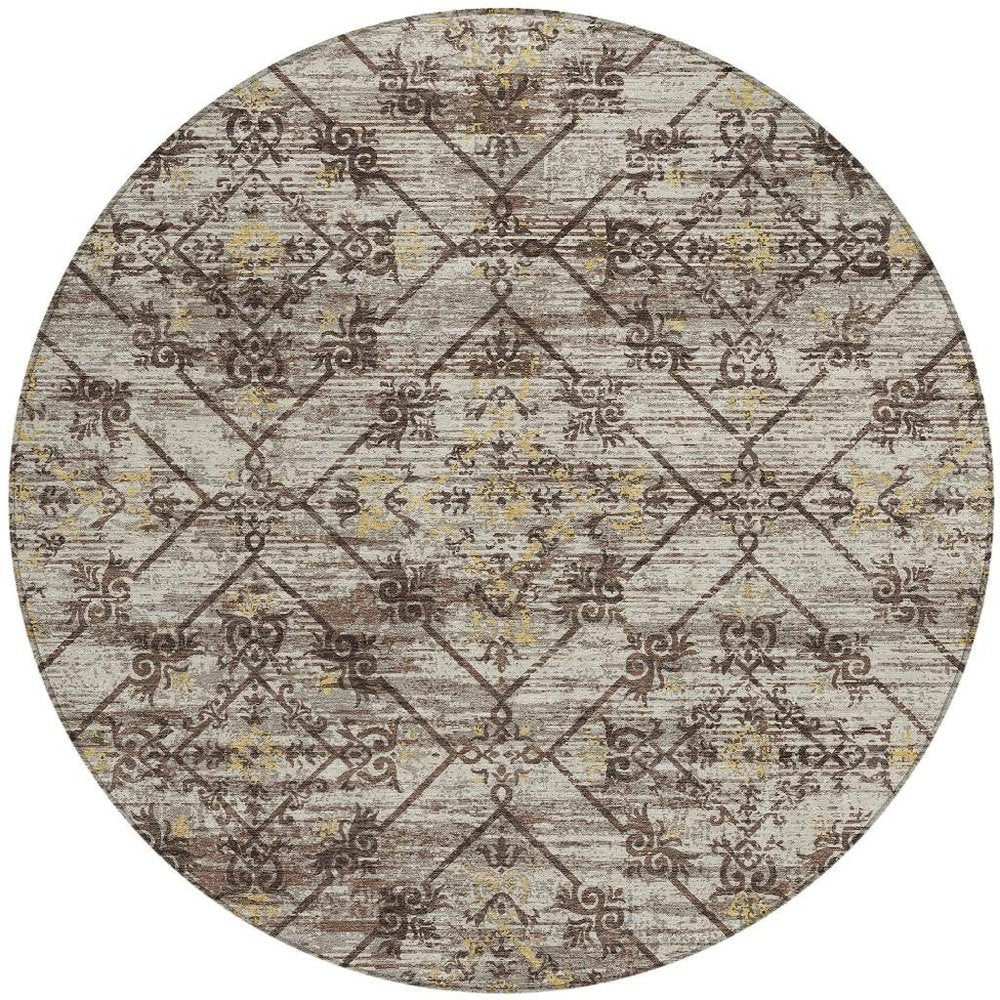 8' Taupe And Ivory Round Geometric Washable Indoor Outdoor Area Rug HomeRoots
