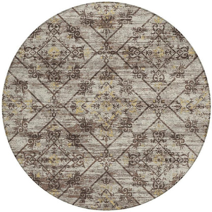 8' Taupe And Ivory Round Geometric Washable Indoor Outdoor Area Rug HomeRoots