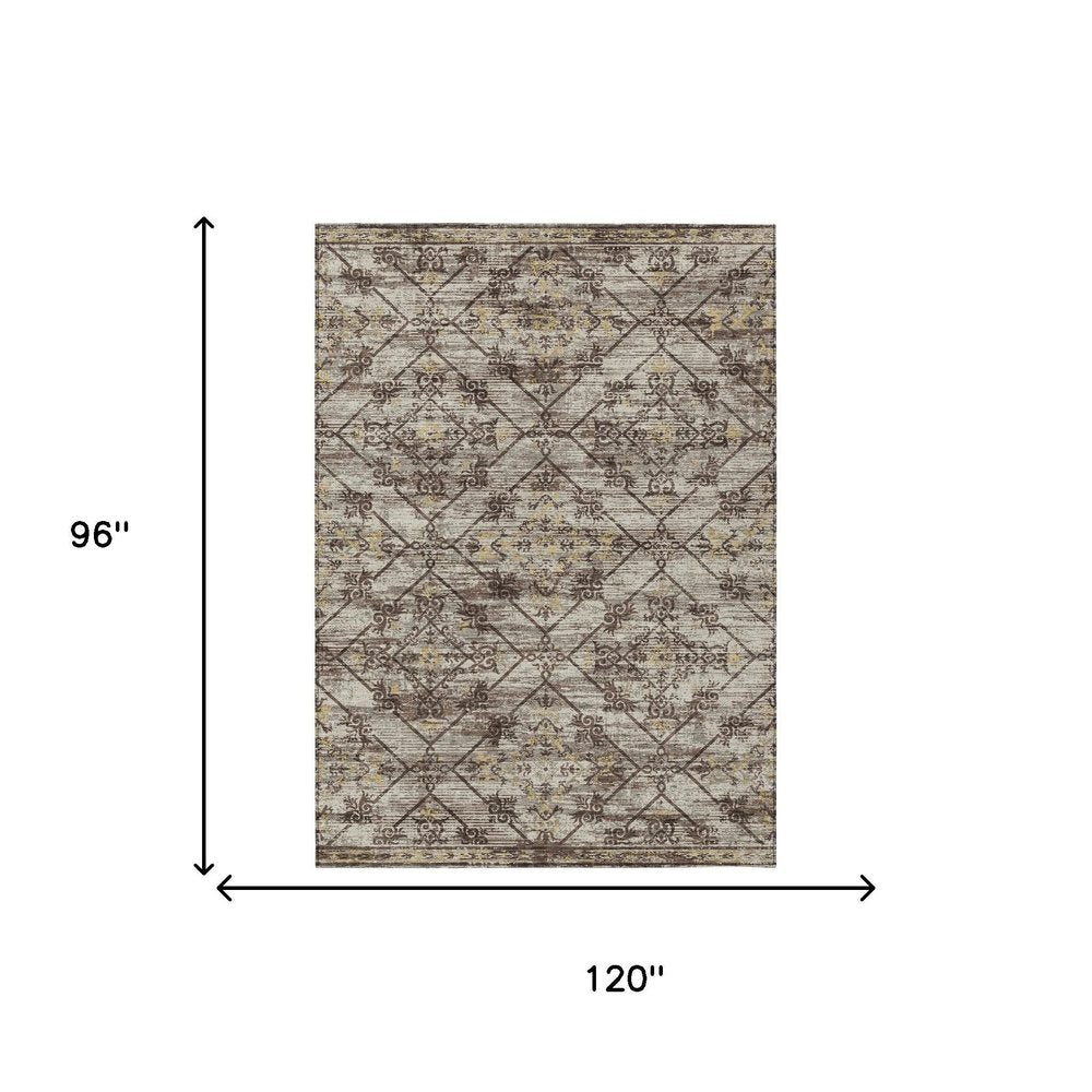 8' X 10' Taupe And Ivory Geometric Washable Indoor Outdoor Area Rug HomeRoots