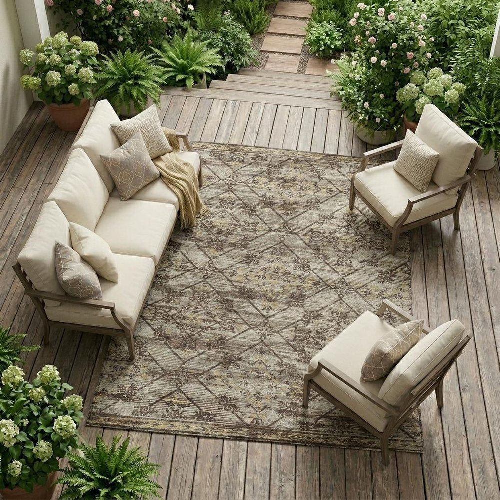 8' X 10' Taupe And Ivory Geometric Washable Indoor Outdoor Area Rug HomeRoots