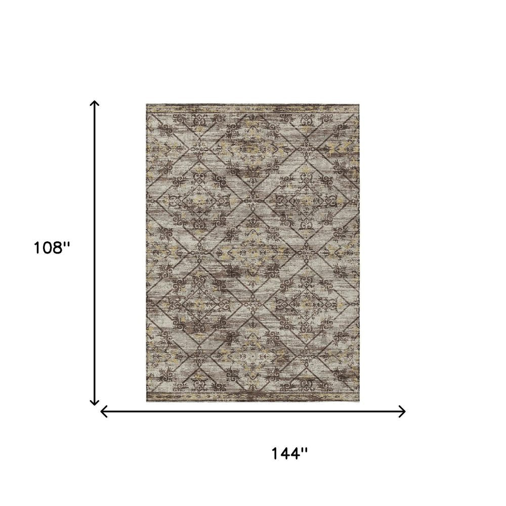9' X 12' Taupe And Ivory Geometric Washable Indoor Outdoor Area Rug HomeRoots