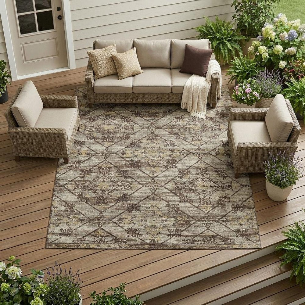 9' X 12' Taupe And Ivory Geometric Washable Indoor Outdoor Area Rug HomeRoots