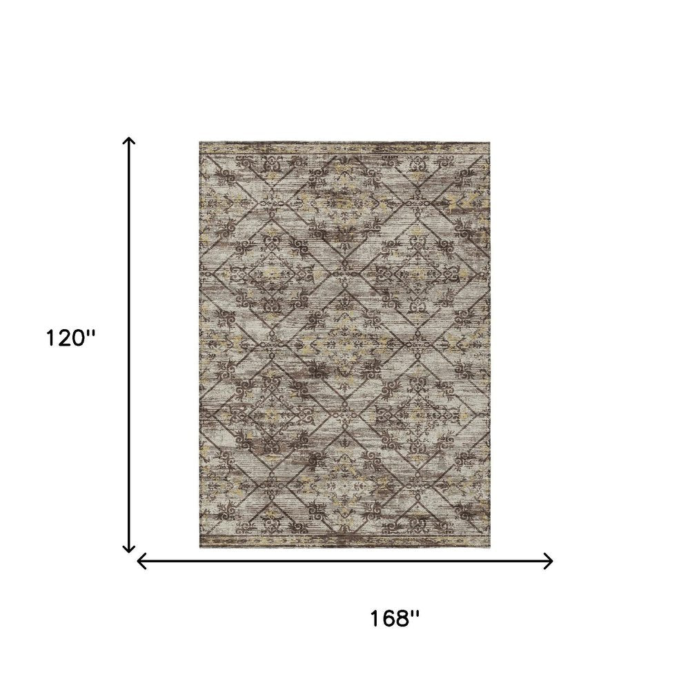10' X 14' Taupe And Ivory Geometric Washable Indoor Outdoor Area Rug HomeRoots