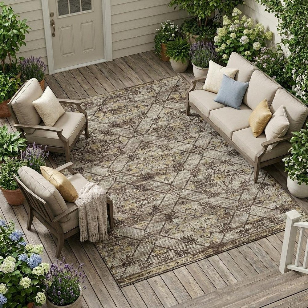 10' X 14' Taupe And Ivory Geometric Washable Indoor Outdoor Area Rug HomeRoots