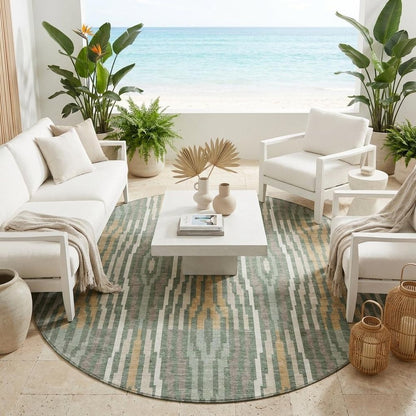 8' Green And Ivory Round Abstract Washable Indoor Outdoor Area Rug HomeRoots