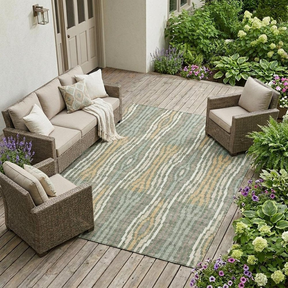 10' X 14' Green And Ivory Abstract Washable Indoor Outdoor Area Rug