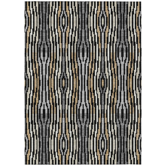 5' X 8' Black And Ivory Abstract Washable Indoor Outdoor Area Rug