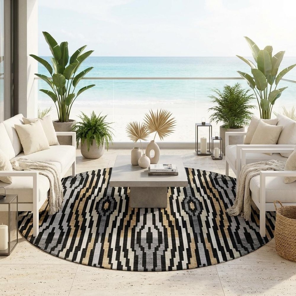 8' Black And Ivory Round Abstract Washable Indoor Outdoor Area Rug HomeRoots