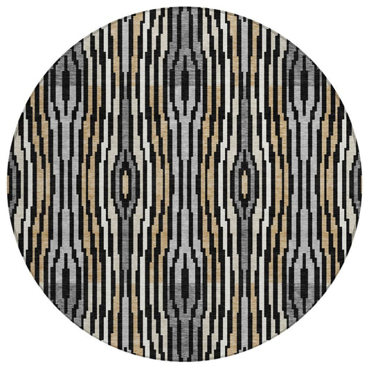 8' Black And Ivory Round Abstract Washable Indoor Outdoor Area Rug