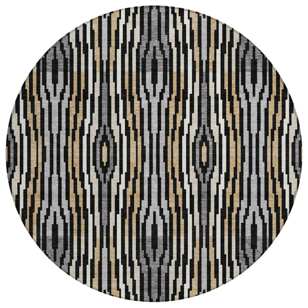 8' Black And Ivory Round Abstract Washable Indoor Outdoor Area Rug HomeRoots