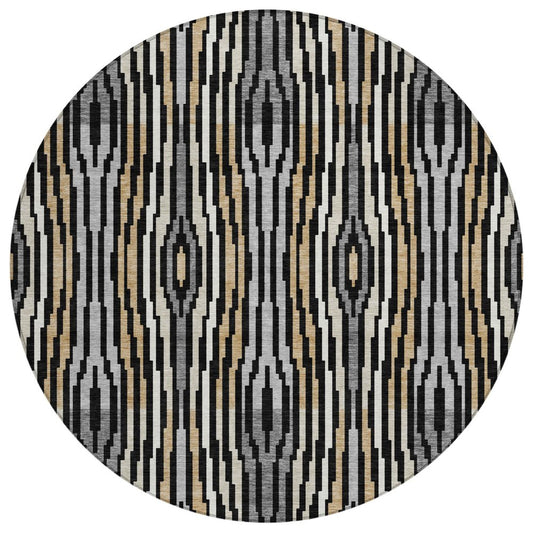 8' Black And Ivory Round Abstract Washable Indoor Outdoor Area Rug